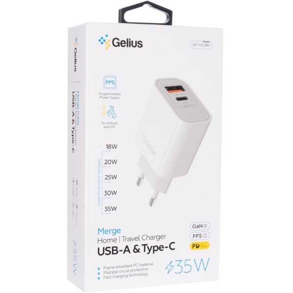 Фото - Сетевое зарядное устройство Gelius Merge GP-HC060 GAN USB+Type-C 35W (QC/PD/PPS) + кабель One GP-UCN012 Type-C to Type-C 1m (102932)
